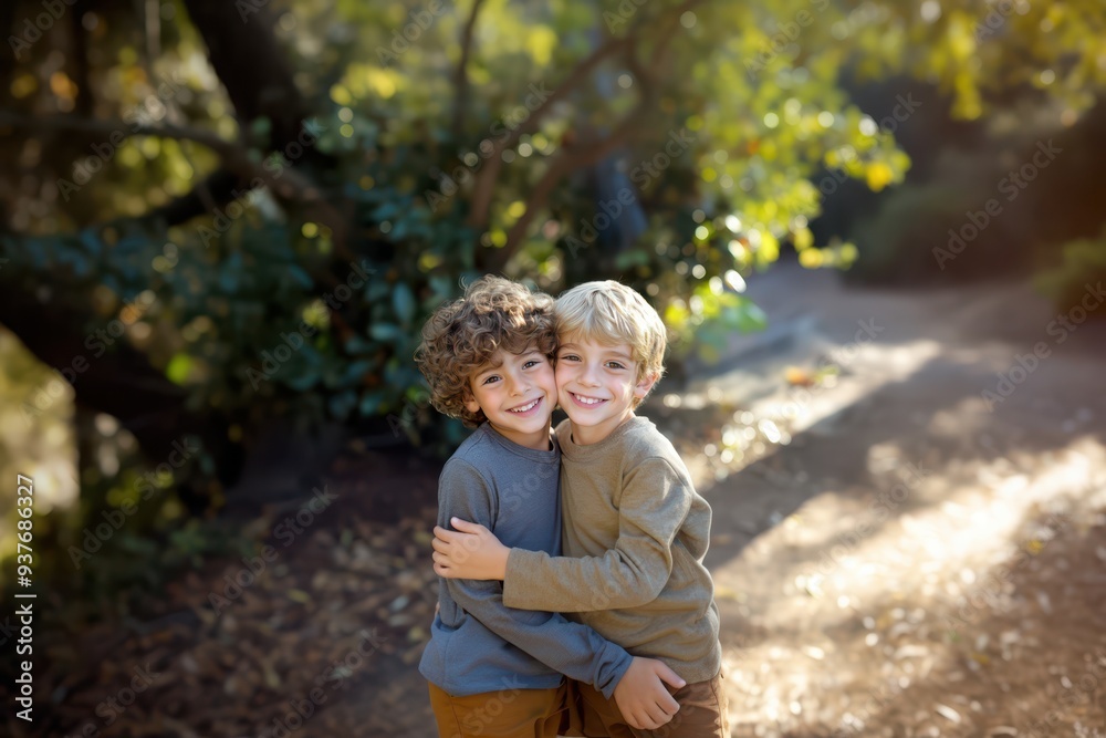 two boys hugging in the woods two boys hugging in the woods