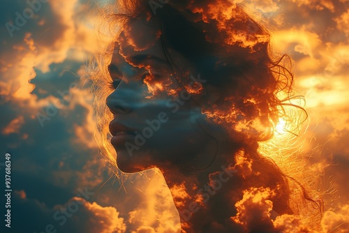 Atmosphere pressure and woman mental health contemplation concept Multiple exposure clouds and sun on female head silhouette