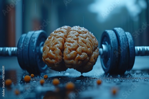 Brain exercising muscles, lifting heavy weights in gym - concept of studying, learning or mental growth