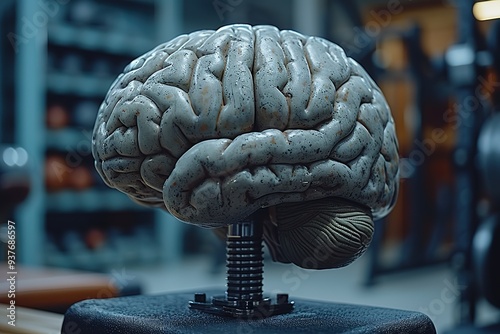 Brain exercising muscles, lifting heavy weights in gym - concept of studying, learning or mental growth