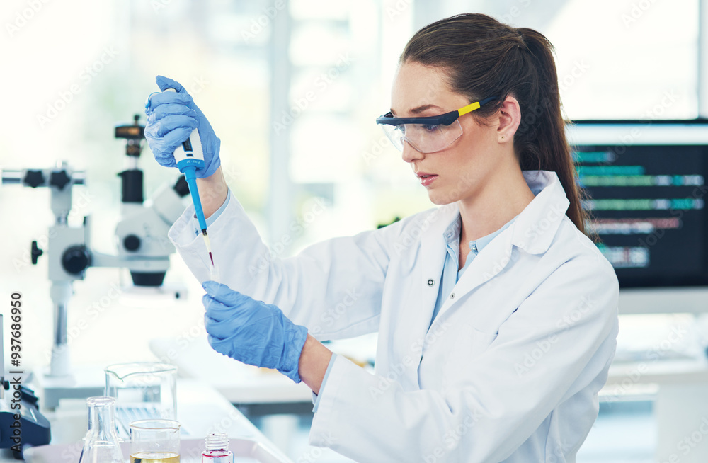 Scientist, experiment and woman with vial in laboratory for medical research, review or innovation. Pharmaceutical, clinical trial and science with investigation for Mpox vaccine, test or development Scientist, experiment and woman with vial in laboratory for medical research, review or innovation. Pharmaceutical, clinical trial and science with investigation for Mpox vaccine, test or development