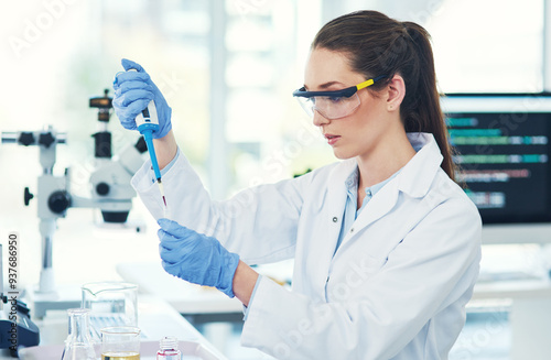 Scientist, experiment and woman with vial in laboratory for medical research, review or innovation. Pharmaceutical, clinical trial and science with investigation for Mpox vaccine, test or development