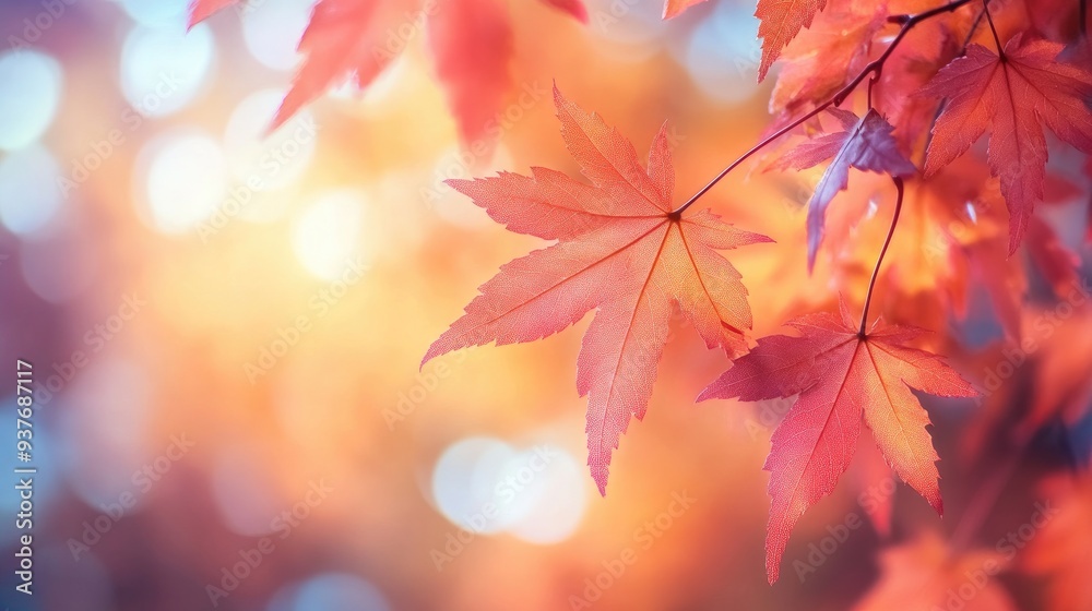 A vibrant autumnal scene of maple leaves bathed in soft morning sunlight