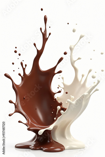 Chocolate and milk splash isolated on a white background, beautiful splash shape.