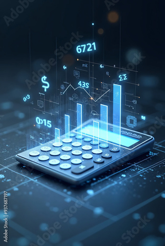 A graph displayed on both a laptop and a calculator with technology and business-related elements