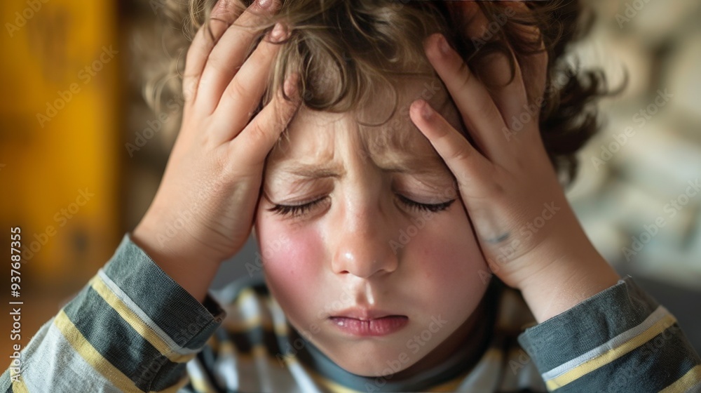 Close-up of young boy with his hands on his head, looking stressed or upset. Close-up of young boy with his hands on his head, looking stressed or upset.