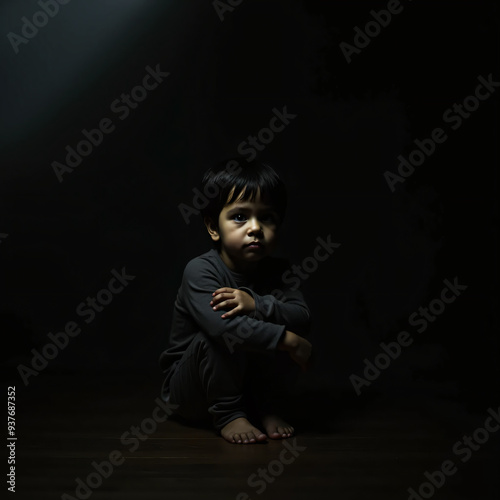 sad child in the dark room, no freedom. A serious and sad child in a dark room with a mysterious and dramatic atmosphere