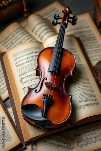 A violin with a bow and a music sheet nearby