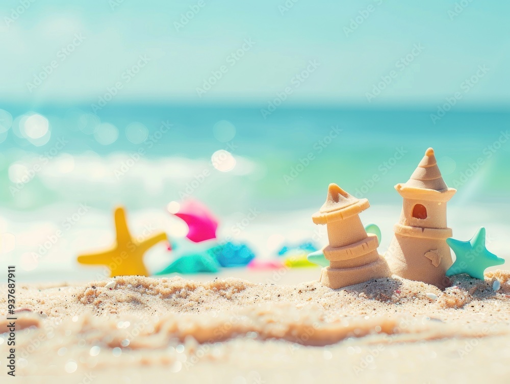 Two sandcastles and a starfish on the beach with a bright blue ocean in the background. Two sandcastles and a starfish on the beach with a bright blue ocean in the background.