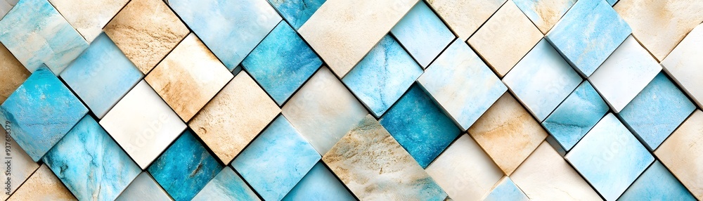 Abstract Geometric Pattern of Blue, White and Beige Tiles. Abstract Geometric Pattern of Blue, White and Beige Tiles.