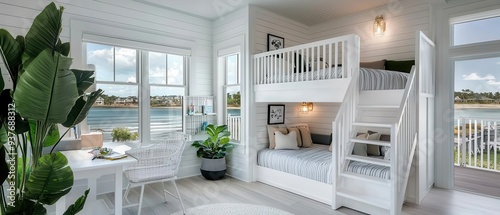 Bright and airy coastal bedroom with a bunk bed, tasteful decor, and lake view, perfect for family retreat or vacation.