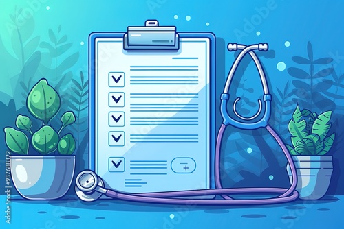 clipboard with stethoscope, medical check form report, health checkup concept metaphor illustration flat design vector eps10 simple and modern style