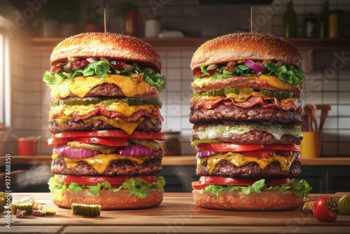 two large hamburgers sitting on top of each other photo