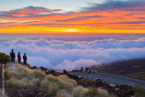 people standing on a hill overlooking the clouds at sunset photo