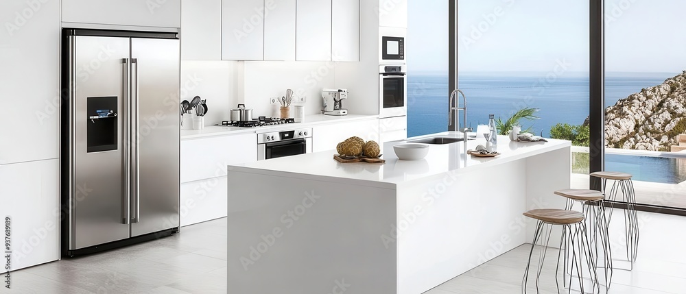 A modern kitchen with a sleek design, featuring stainless steel appliances and a stunning view of the ocean. A modern kitchen with a sleek design, featuring stainless steel appliances and a stunning view of the ocean.