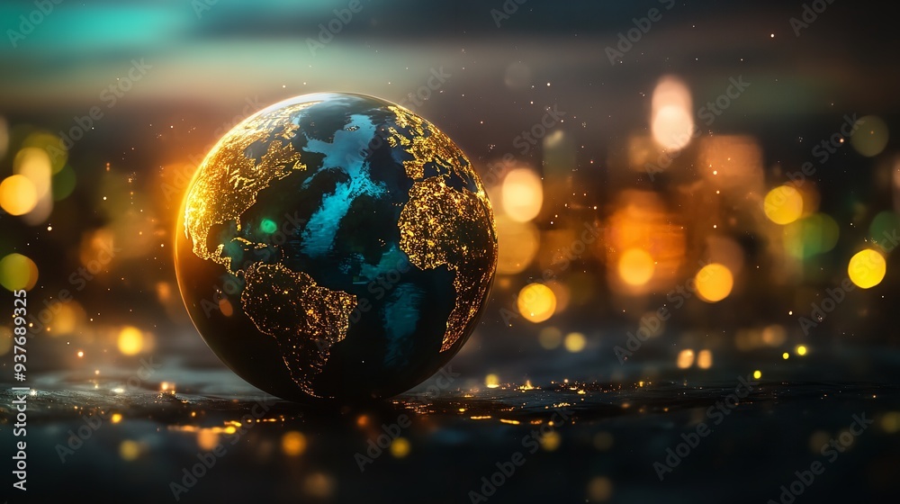 A close-up shot of a globe illuminated with city lights against a backdrop of a blurry cityscape at dusk. A close-up shot of a globe illuminated with city lights against a backdrop of a blurry cityscape at dusk.