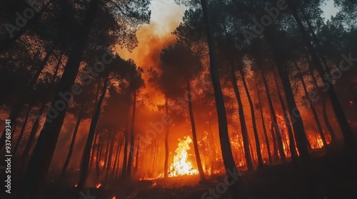 a forest fire is seen in the middle of the night