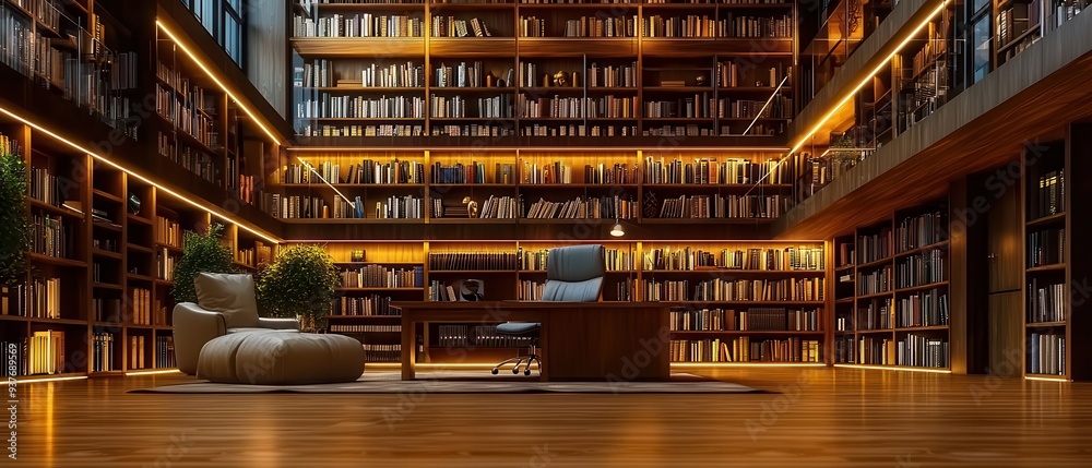 A modern library interior featuring wooden shelves filled with books, a cozy chair, and warm ambient lighting for a peaceful atmosphere.