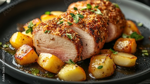 37. Juicy roasted pork loin with a crispy herb crust, served with apple compote, savory and sweet