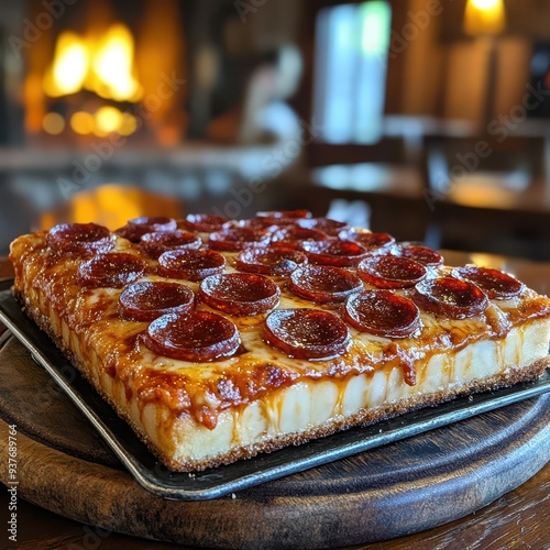 a pizza on a tray with a fire place in the background photo