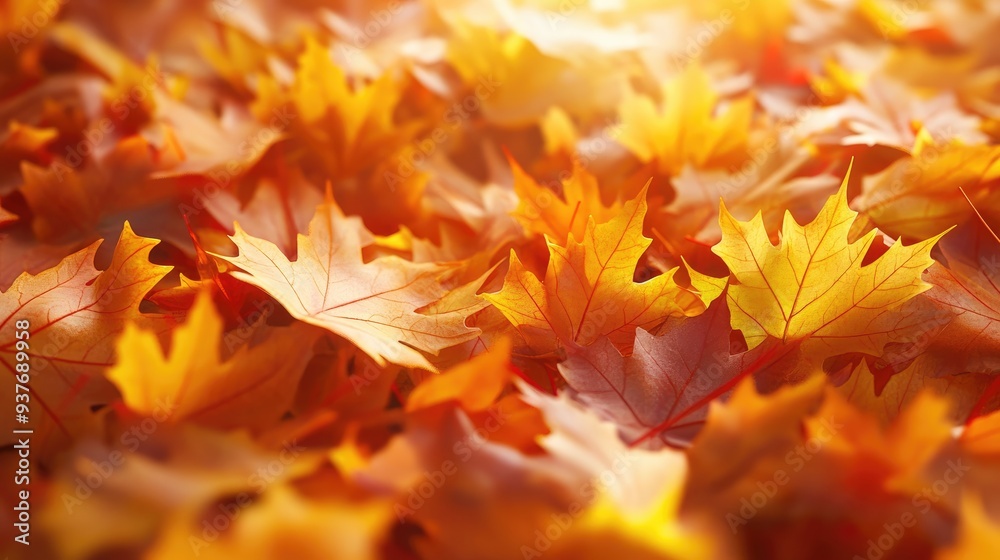Bright autumn maple leaves in sunlight, with shadows creating a dynamic natural background Bright autumn maple leaves in sunlight, with shadows creating a dynamic natural background