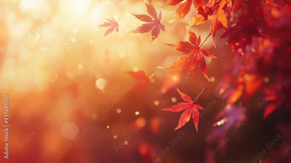 Close-up of red and orange maple leaves gently falling in soft sunlight, a serene autumnal scene Close-up of red and orange maple leaves gently falling in soft sunlight, a serene autumnal scene