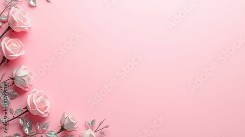 Banner, pink background decorated with pink roses awakening feminine feelings with romantic and love concept.