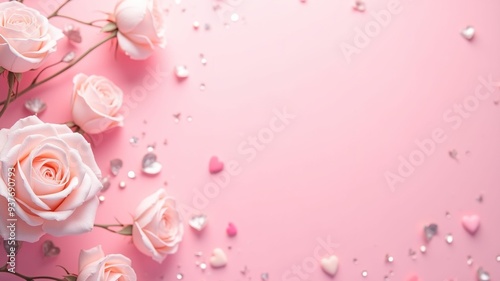 Banner, pink background decorated with pink roses awakening feminine feelings with romantic and love concept.