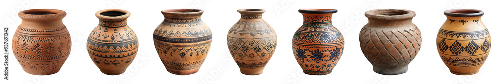 traditional pottery clay pot isolated on a transparent or white background, collection, cut out, PNG traditional pottery clay pot isolated on a transparent or white background, collection, cut out, PNG