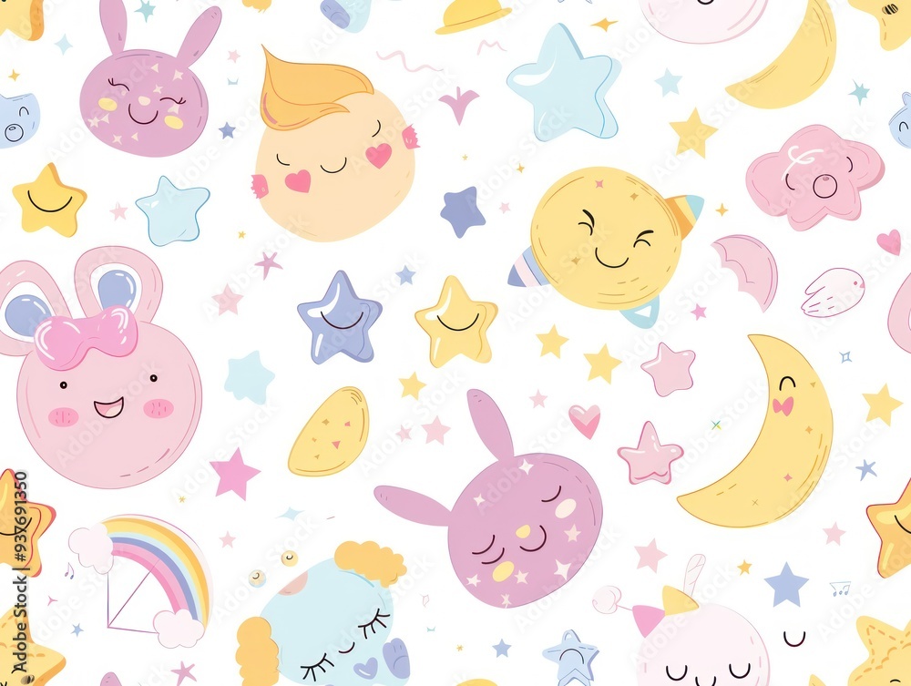 Seamless pattern with cute cartoon faces of the moon, stars, bunny and clouds on a white background. Seamless pattern with cute cartoon faces of the moon, stars, bunny and clouds on a white background.