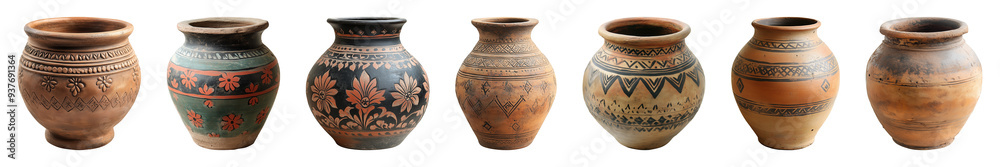 traditional pottery clay pot isolated on a transparent or white background, collection, cut out, PNG traditional pottery clay pot isolated on a transparent or white background, collection, cut out, PNG