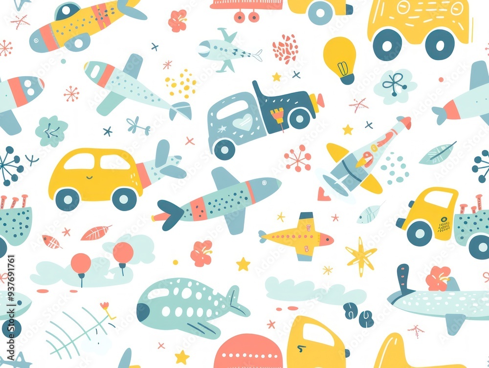 Fototapeta premium Seamless pattern with cartoon airplanes, cars, flowers and stars on a white background.