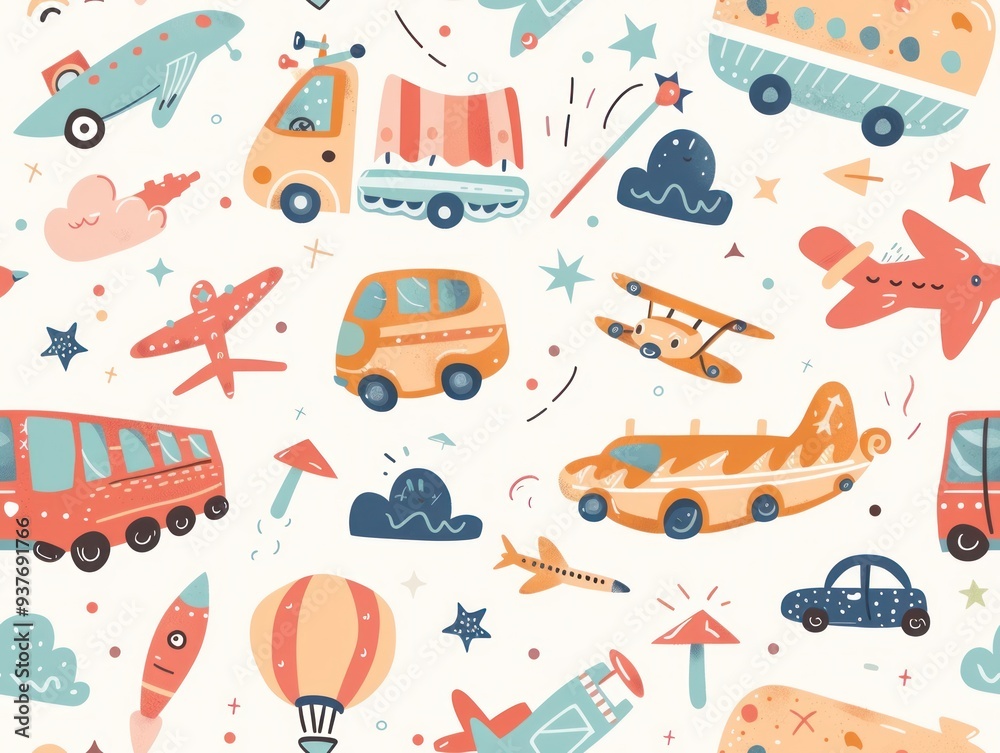 Colorful seamless pattern with cute cartoon vehicles like planes, buses, cars, hot air balloons and rockets on white background.