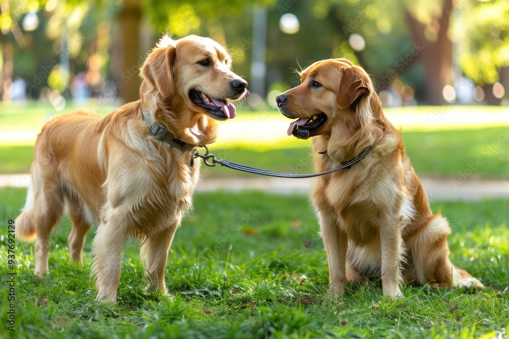 Two golden retrievers, one standing and one sitting, looking at each other in a green field.