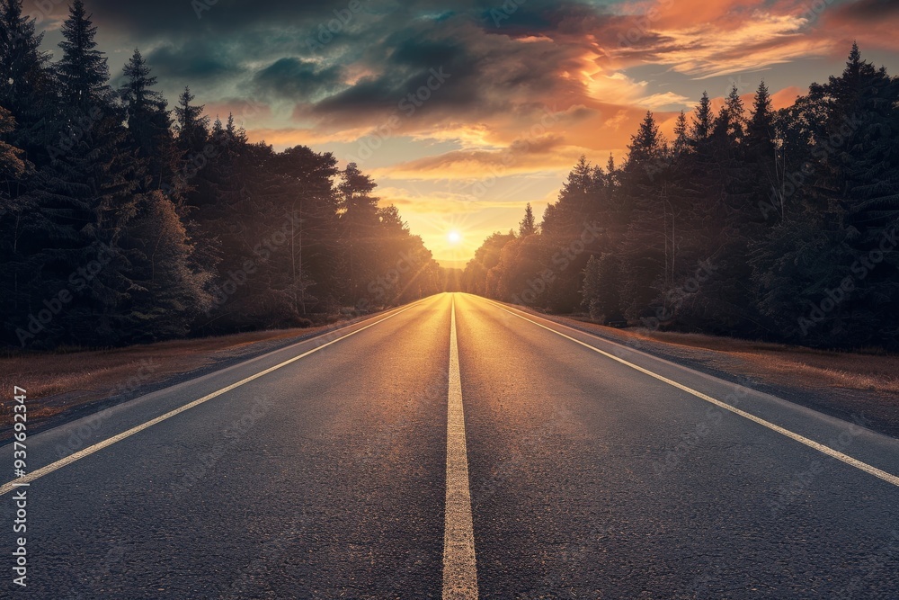 Guiding arrow on road - sunset hues with blurred background and copy space. Beautiful simple AI generated image Guiding arrow on road - sunset hues with blurred background and copy space. Beautiful simple AI generated image