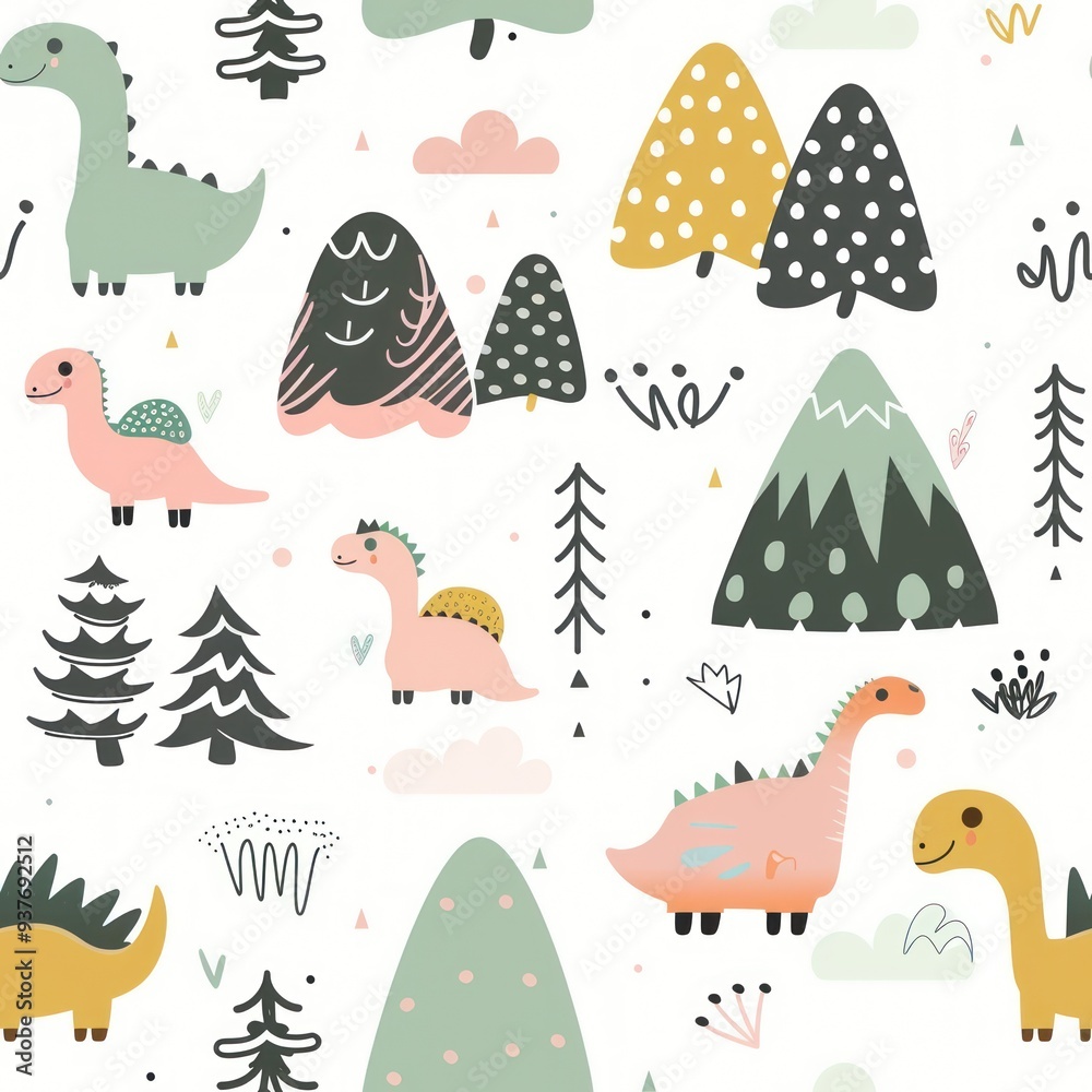 Seamless Pattern With Cute Dinosaurs, Trees and Mountains. Seamless Pattern With Cute Dinosaurs, Trees and Mountains.