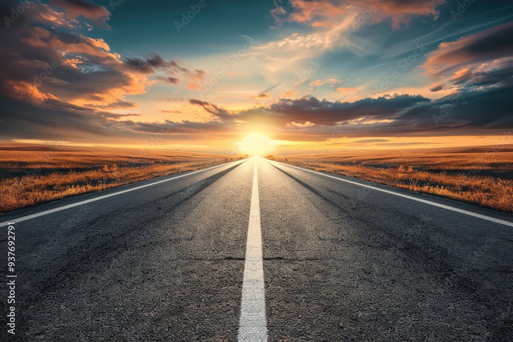 Naklejka premium Guiding arrow on road - sunset hues with blurred background and copy space. Beautiful simple AI generated image