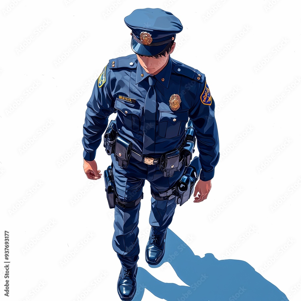 A Police Officer Walking in Uniform with a Serious Expression A Police Officer Walking in Uniform with a Serious Expression