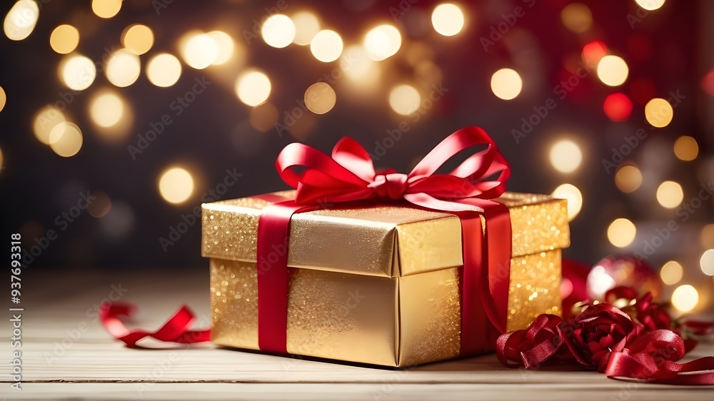 crimson ribbon Gorgeous golden glitter gift box with red ribbon on a light wooden table with a Valentine's motif, blurry holiday lights, and a circular bokeh. Copy space available for text. bow crimson ribbon Gorgeous golden glitter gift box with red ribbon on a light wooden table with a Valentine's motif, blurry holiday lights, and a circular bokeh. Copy space available for text. bow