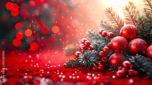 A red background with a bunch of red Christmas balls and green fir branches. The scene is festive and joyful. Christmas background for a holiday card. Happy New Year