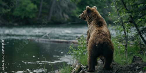 A brown bear standing on the edge of a riverbank, intently watching the water for signs of fish.