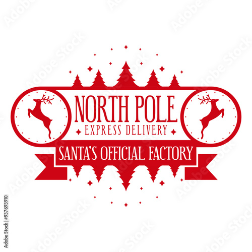 North pole Express delivery. Santa's official factory. Christmas stamp design.Vector illustration.