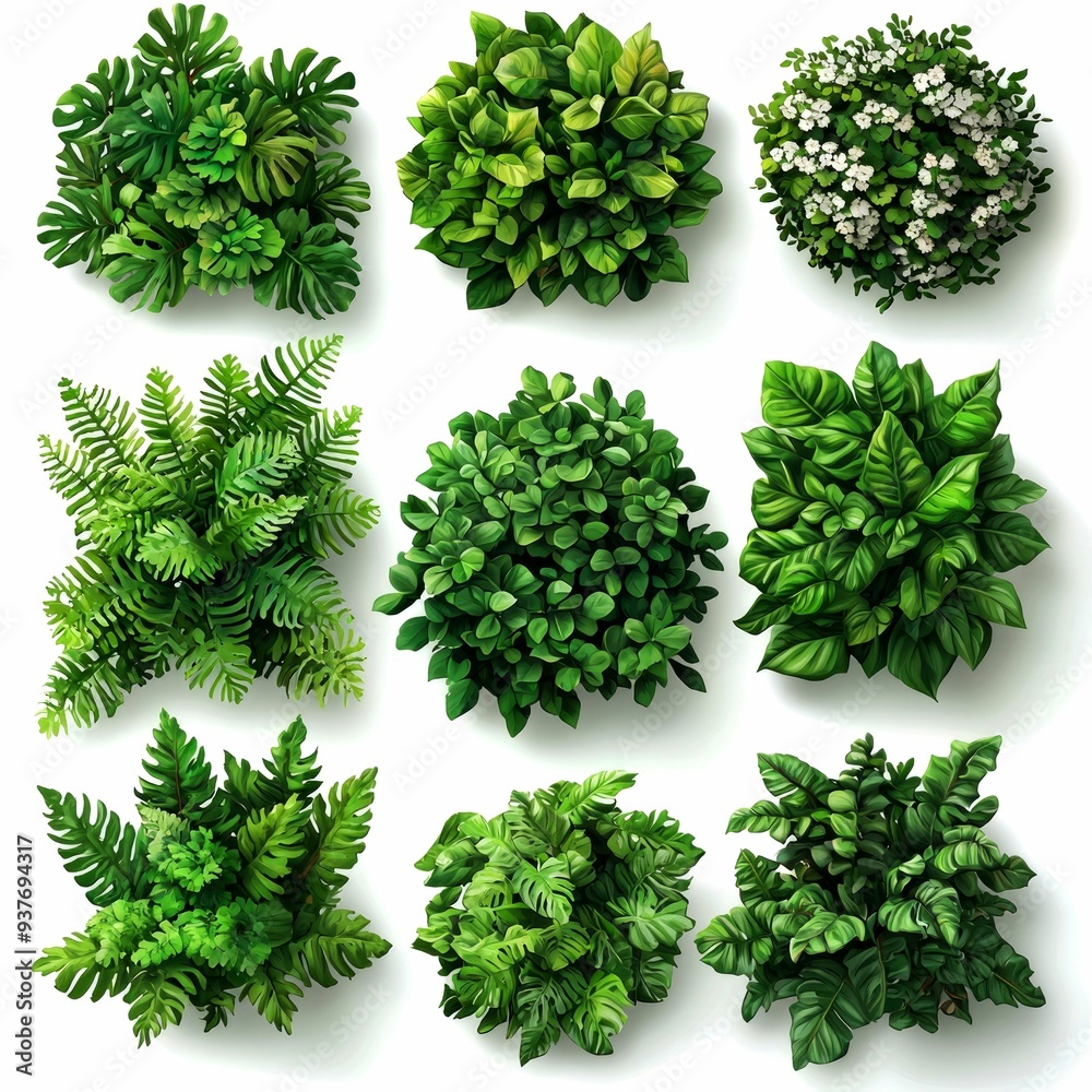 Naklejka premium Collection of Various Green Foliage and Flowers from Above