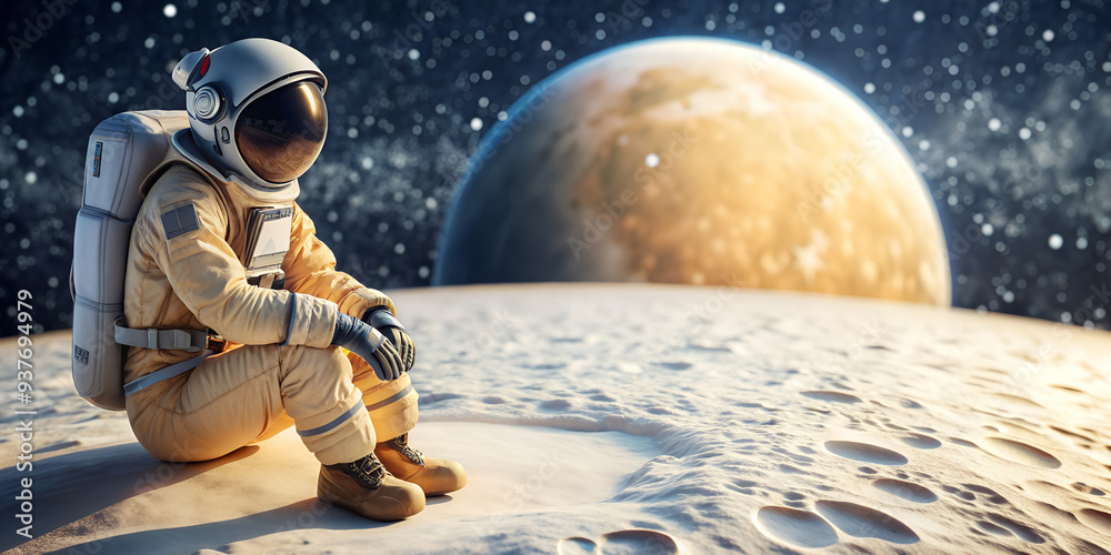 Naklejka premium An astronaut sits on a small moon waiting for someone