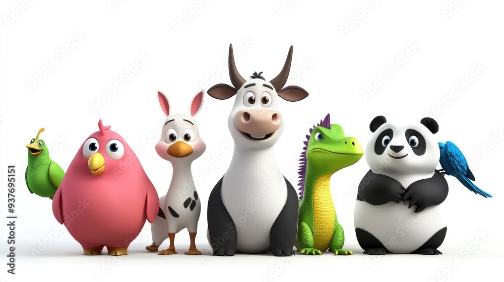 3D adorable cartoon animals: cow, kangaroo, panda, iguana, and bird, in vibrant colors on a white background 3D adorable cartoon animals: cow, kangaroo, panda, iguana, and bird, in vibrant colors on a white background