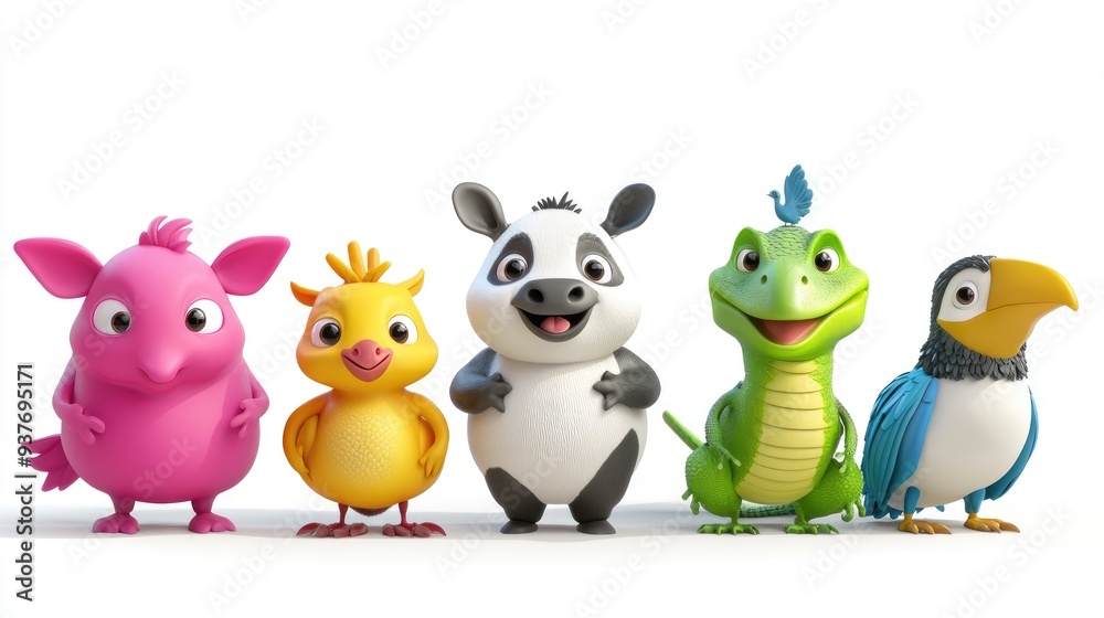 3D adorable cartoon animals including cow, kangaroo, panda, iguana, and bird, in vibrant colors on a white background 3D adorable cartoon animals including cow, kangaroo, panda, iguana, and bird, in vibrant colors on a white background