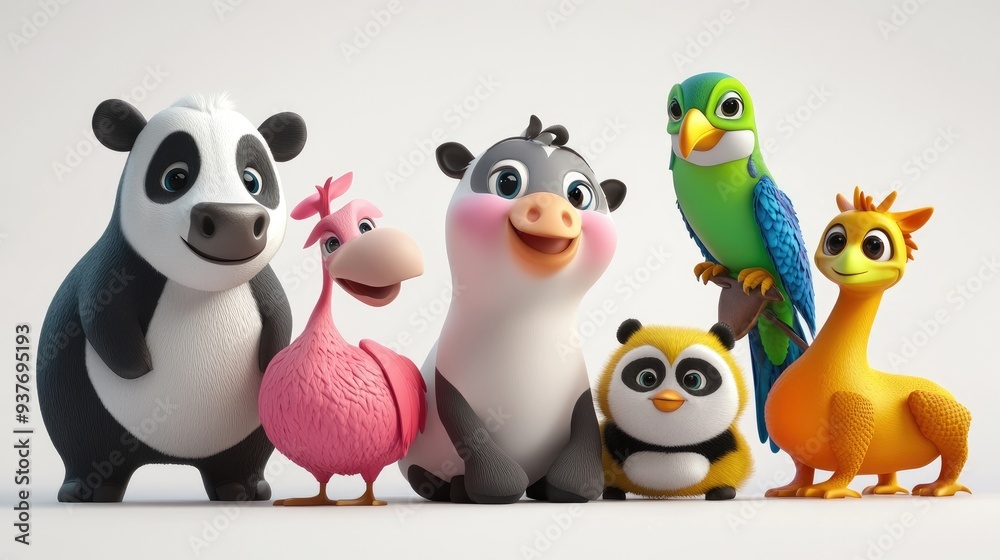 3D adorable cartoon animals including cow, kangaroo, panda, iguana, and bird, in vibrant colors on a white background 3D adorable cartoon animals including cow, kangaroo, panda, iguana, and bird, in vibrant colors on a white background
