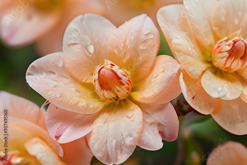 The flowers are a soft peach color, close up macro nature background. Generative AI photo