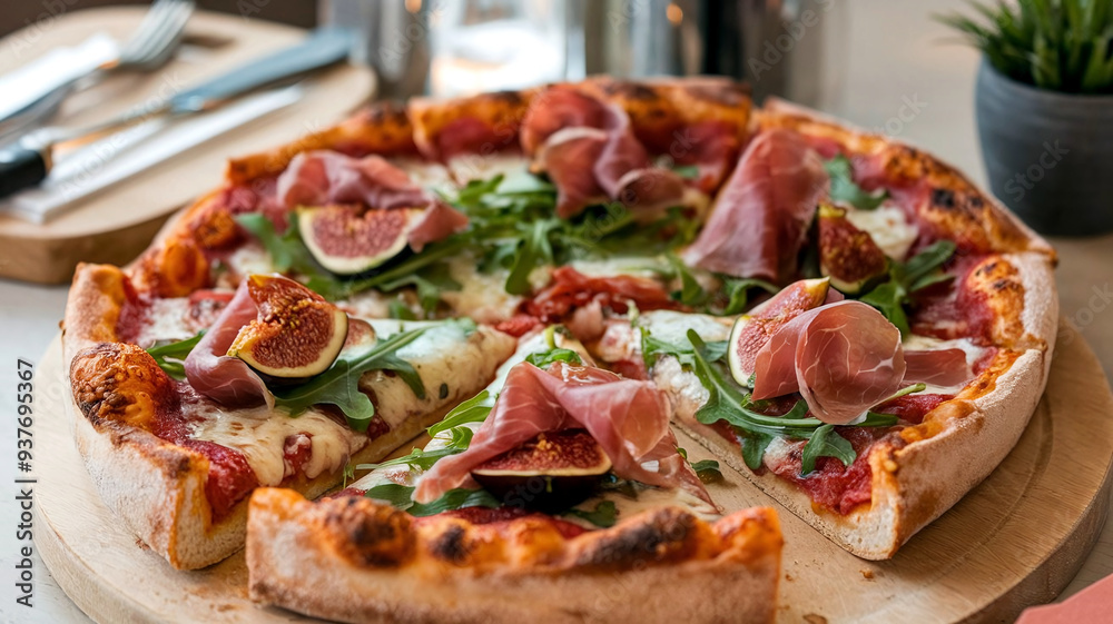 A delicious Chicago-style deep-dish gourmet pizza topped with fresh arugula, prosciutto, figs, and melted cheese, served in a cozy restaurant with soft, warm lighting in the background. A delicious Chicago-style deep-dish gourmet pizza topped with fresh arugula, prosciutto, figs, and melted cheese, served in a cozy restaurant with soft, warm lighting in the background.