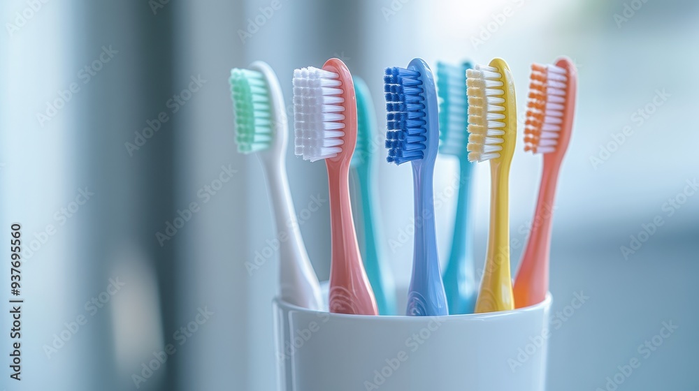 A row of toothbrushes in different colors and sizes, arranged neatly inside an empty white cup on the right side of the frame. A row of toothbrushes in different colors and sizes, arranged neatly inside an empty white cup on the right side of the frame.